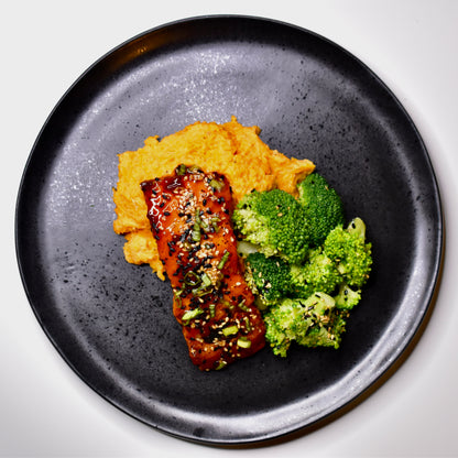 Teriyaki Salmon, Miso Butter Sweet Potato Mash, Sesame Broccoli