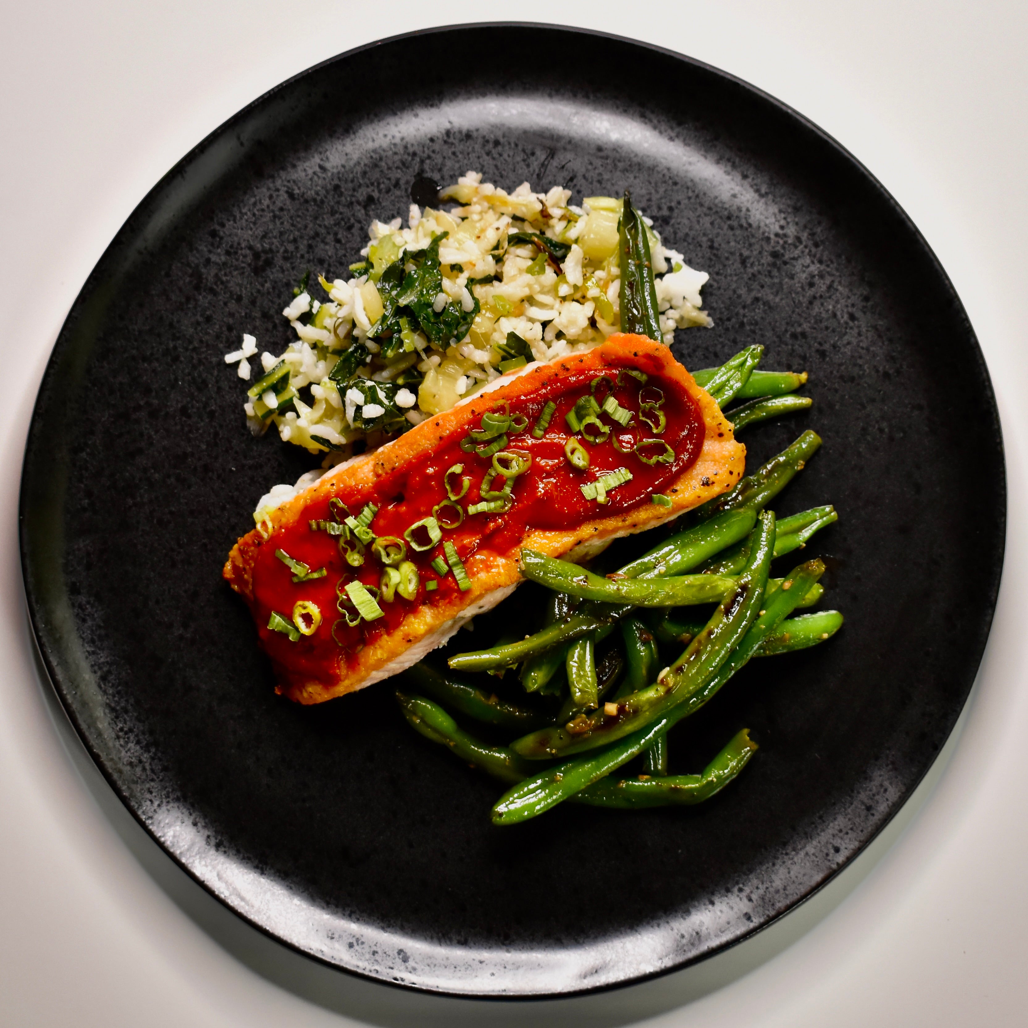 Gochujang Salmon, Sesame Roasted Green Beans, Grilled Scallion Sticky Rice