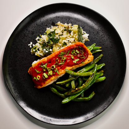 Gochujang Salmon, Sesame Roasted Green Beans, Grilled Scallion Sticky Rice