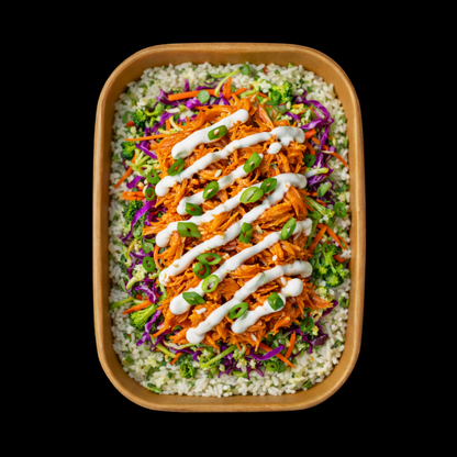 Buffalo Chicken, Cilantro-Lime Cauliflower Rice, Crunchy Slaw