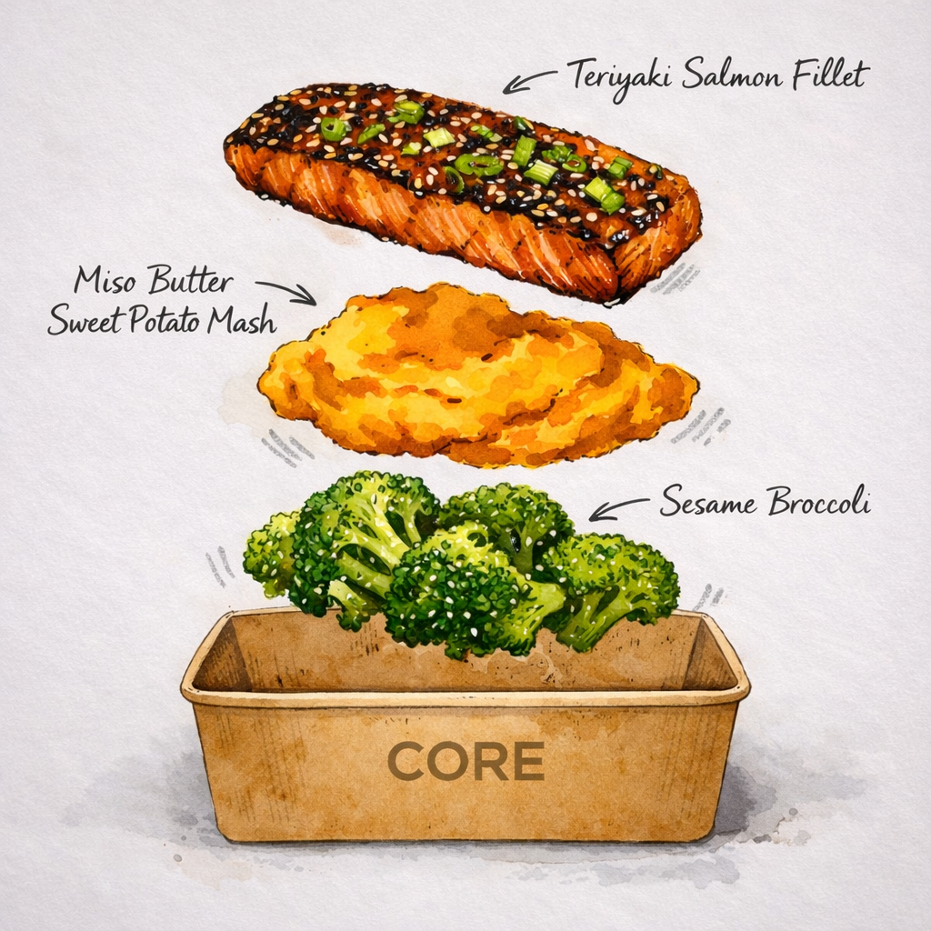 Teriyaki Salmon, Miso Butter Sweet Potato Mash, Sesame Broccoli