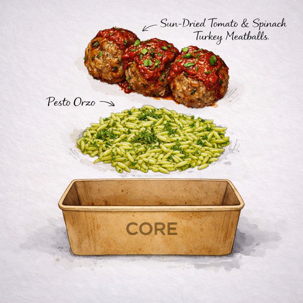 Sun Dried Tomato & Spinach Turkey Meatballs, Pesto Orzo