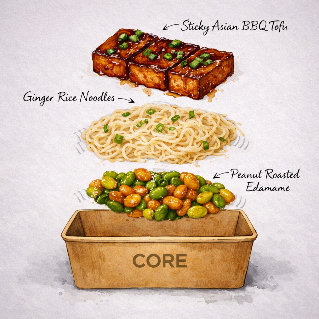 Sticky Asian BBQ Tofu with Ginger Rice Noodles and Peanut Roasted Edamame