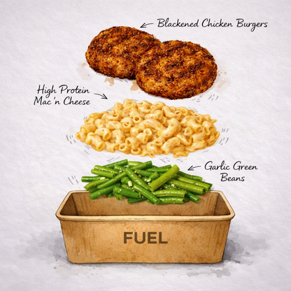 Blackened Chicken Burger, Garlic Green Beans, Protein Macaroni & Cheese