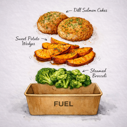 Dill Salmon Cakes, Sweet Potato Wedges, Broccoli