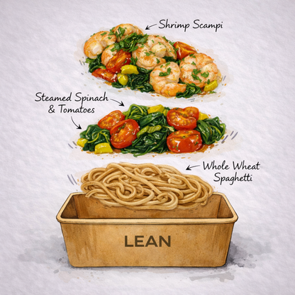 Shrimp Scampi, Pasta, Roasted Zucchini & Tomato