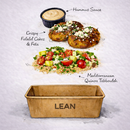 Falafel Cakes, Quinoa, Cucumber Tomato Salad, Hummus Dressing