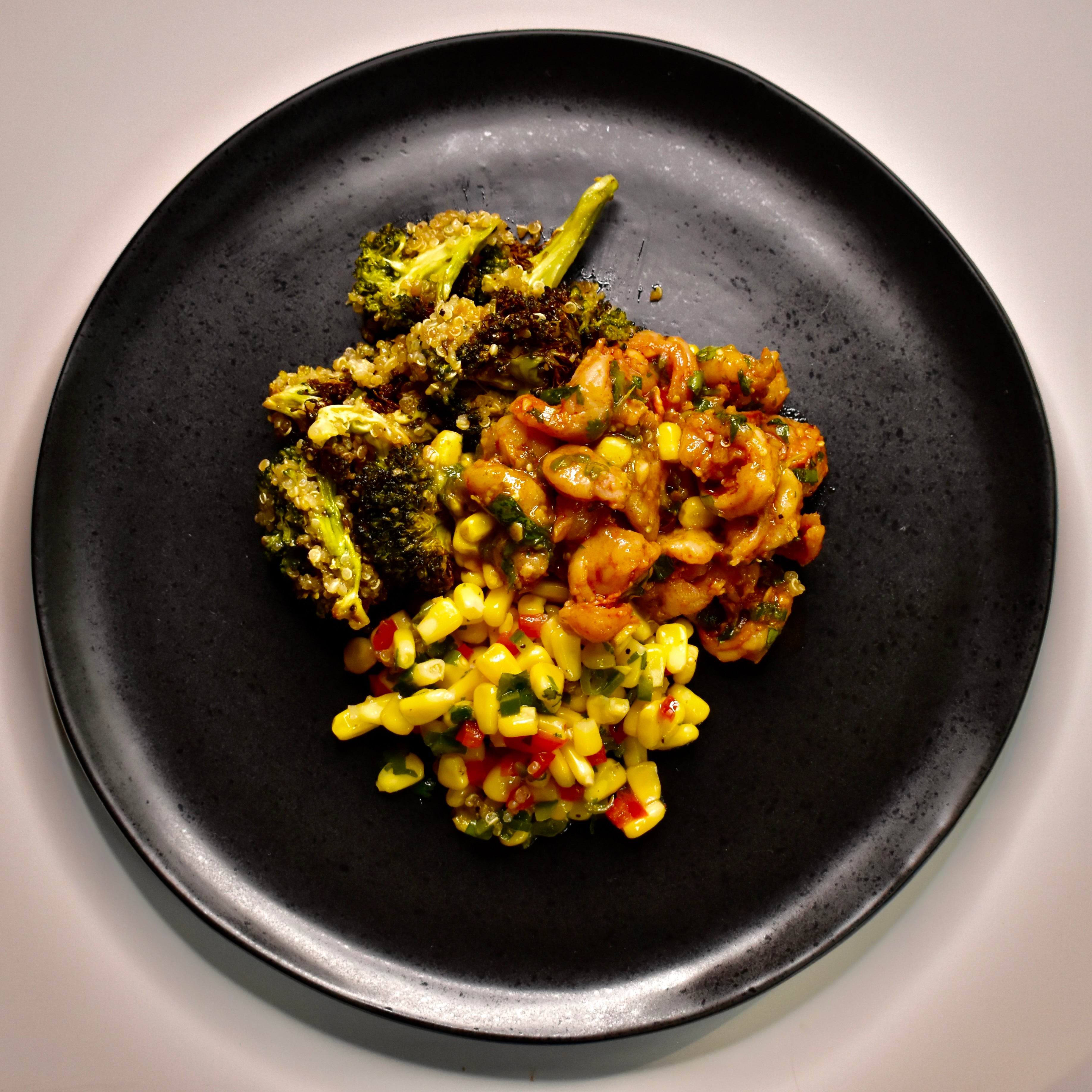 Spanish Garlic Shrimp, Summer Corn Salad, Salsa Verde, Quinoa w/ Broccoli