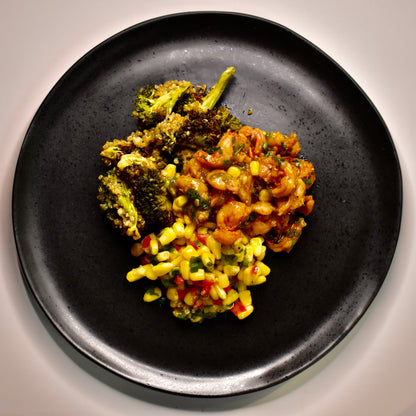 Spanish Garlic Shrimp, Summer Corn Salad, Salsa Verde, Quinoa w/ Broccoli