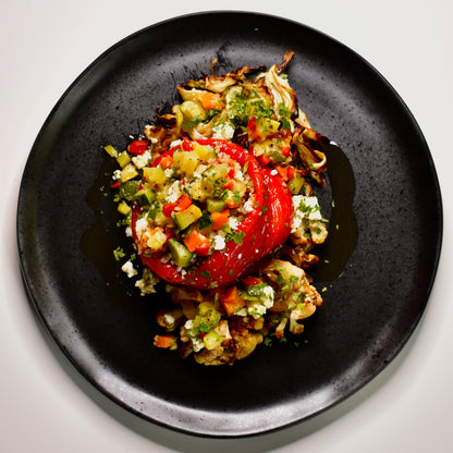Stuffed Pepper with Roasted Vegetable & Feta Quinoa, Roasted Fennel, Caramelized Onions and Cauliflower