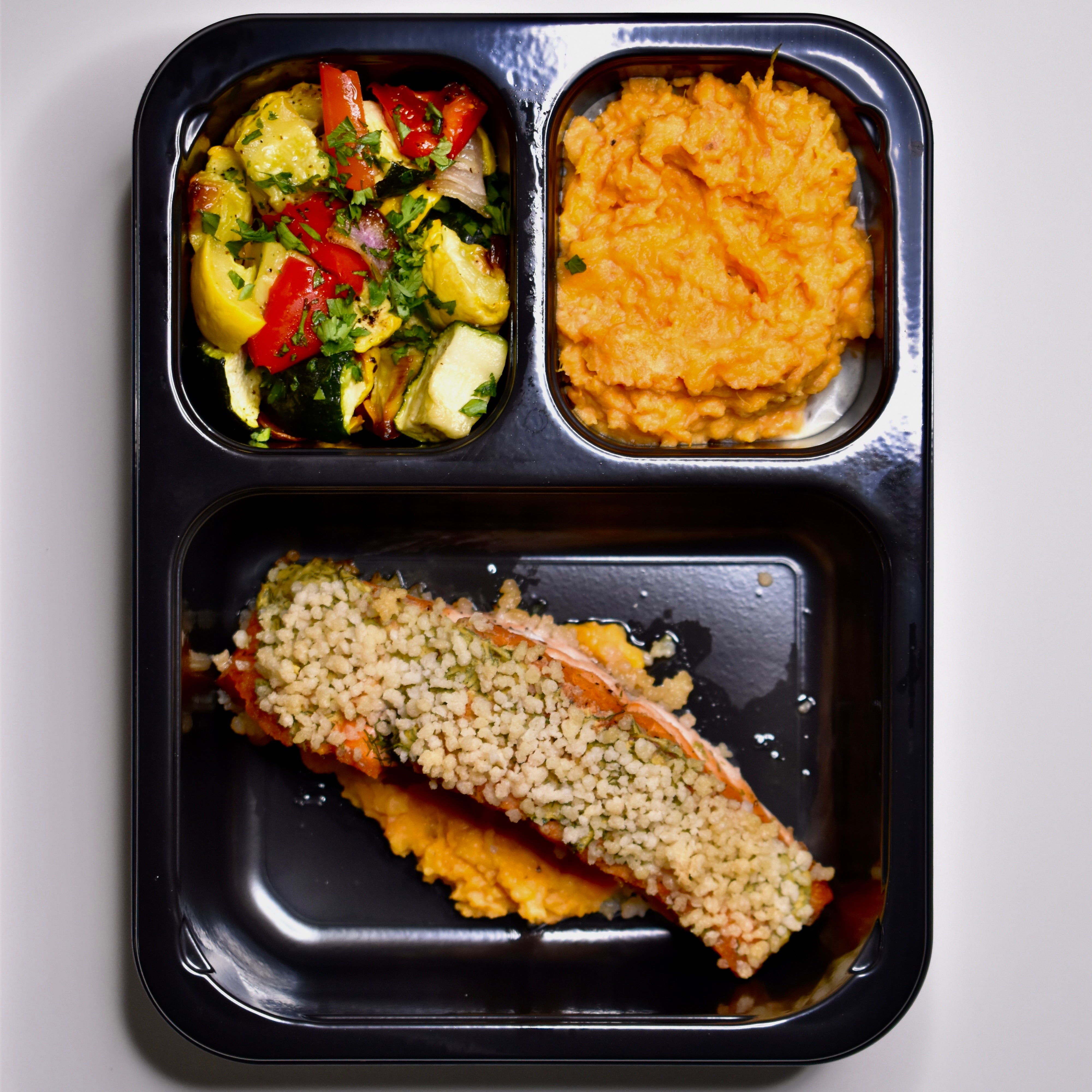 Dijon Crusted Salmon, Roasted Vegetables, Mashed Sweet Potatoes