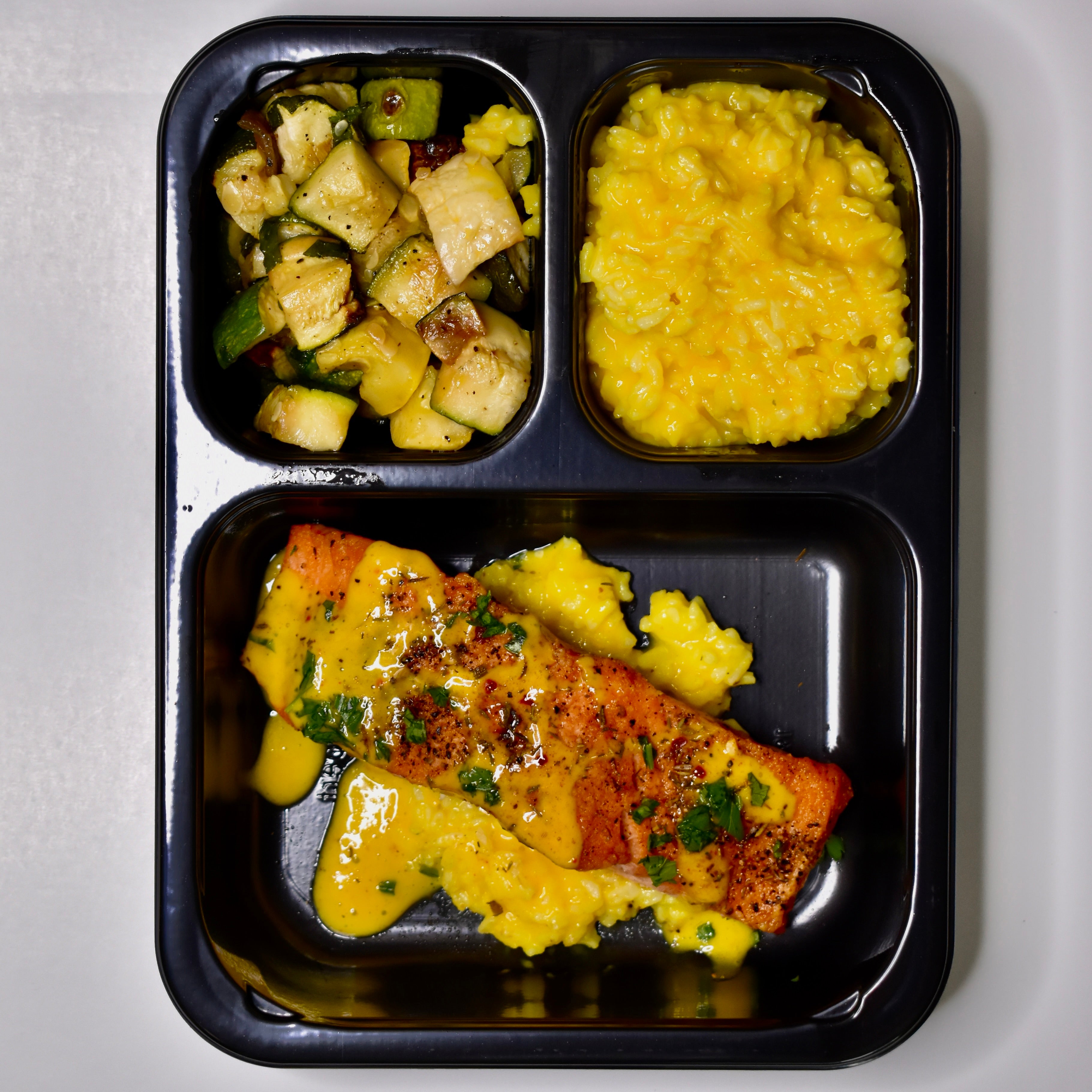 Caribbean Jerk Salmon, Coconut Mango Rice, Mint Roasted Zucchini