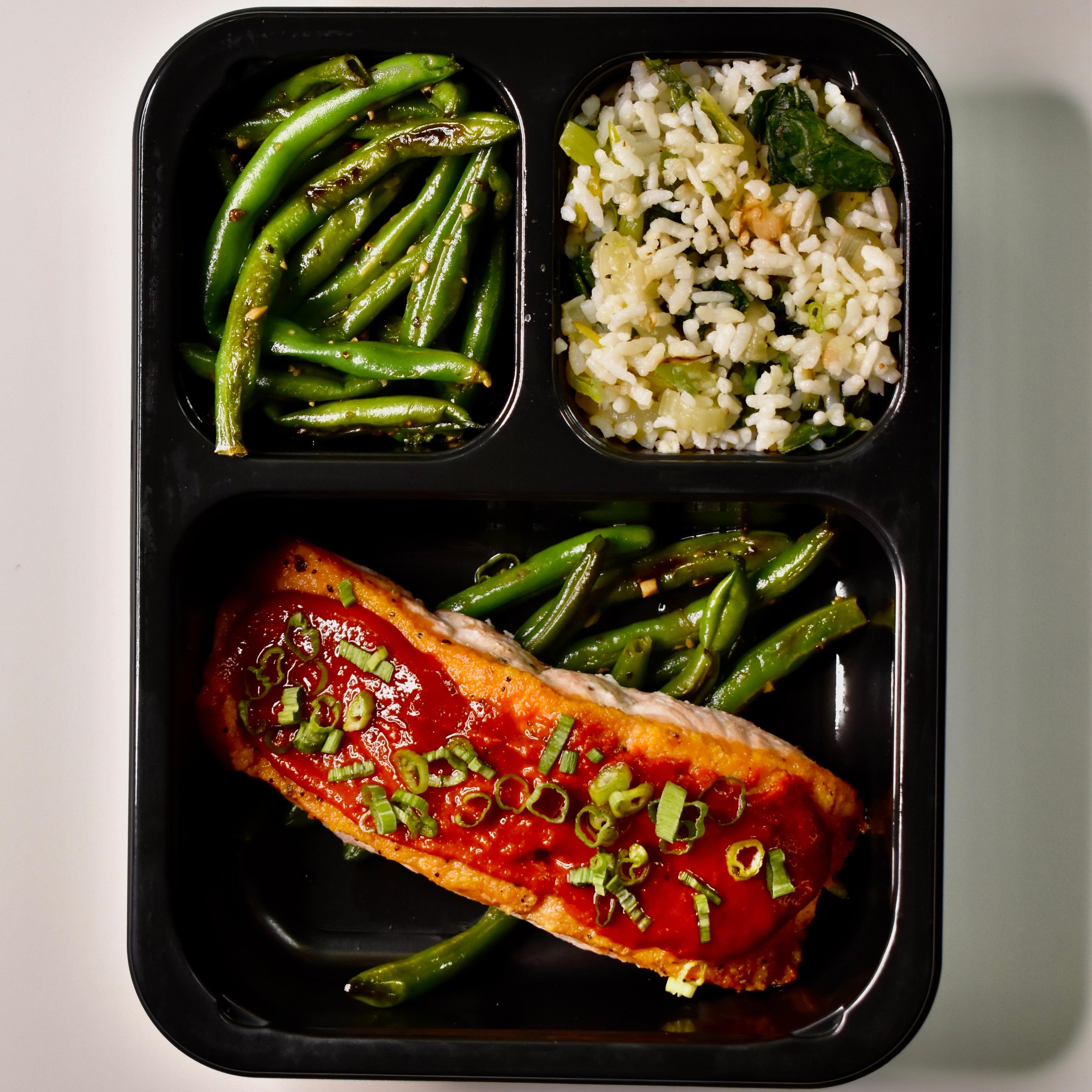 Gochujang Salmon, Sesame Roasted Green Beans, Grilled Scallion Sticky Rice