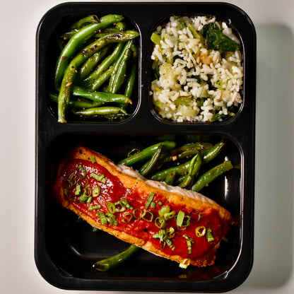 Gochujang Salmon, Sesame Roasted Green Beans, Grilled Scallion Sticky Rice