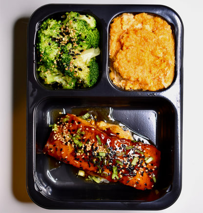 Teriyaki Salmon, Miso Butter Sweet Potato Mash, Sesame Broccoli